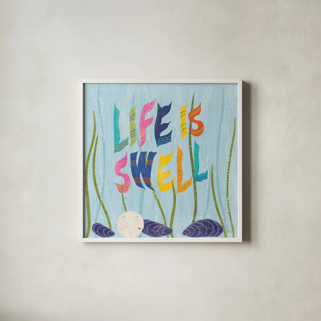 Coastal Vibes IV by Veronique Charron. Shown in a crisp white glass frame for a clean and minimalist style. Available as an archival giclee rolled canvas, fine art paper, or poster print. SKU 79118a.