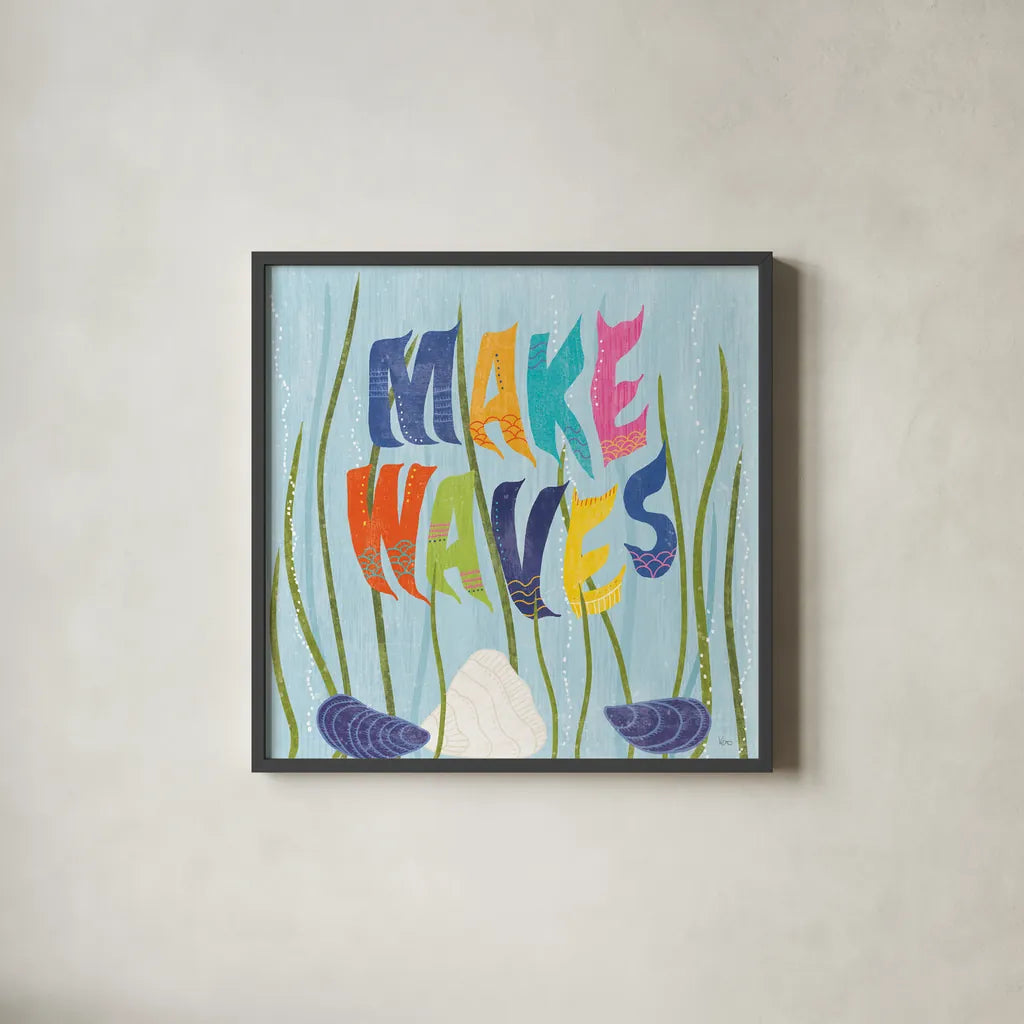Coastal Vibes V by Veronique Charron. Shown in a sleek black glass frame for a contemporary gallery look. Available as an archival giclee rolled canvas, fine art paper, or poster print. SKU 79119a.