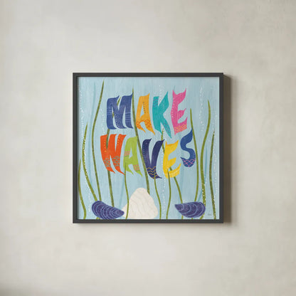 Coastal Vibes V by Veronique Charron. Shown in a sleek black glass frame for a contemporary gallery look. Available as an archival giclee rolled canvas, fine art paper, or poster print. SKU 79119a.