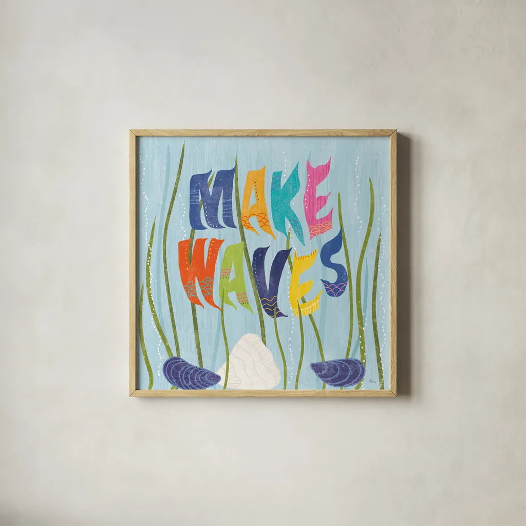 Coastal Vibes V by Veronique Charron. Shown in a natural wood glass frame for a timeless modern aesthetic. Available as an archival giclee rolled canvas, fine art paper, or poster print. SKU 79119a.