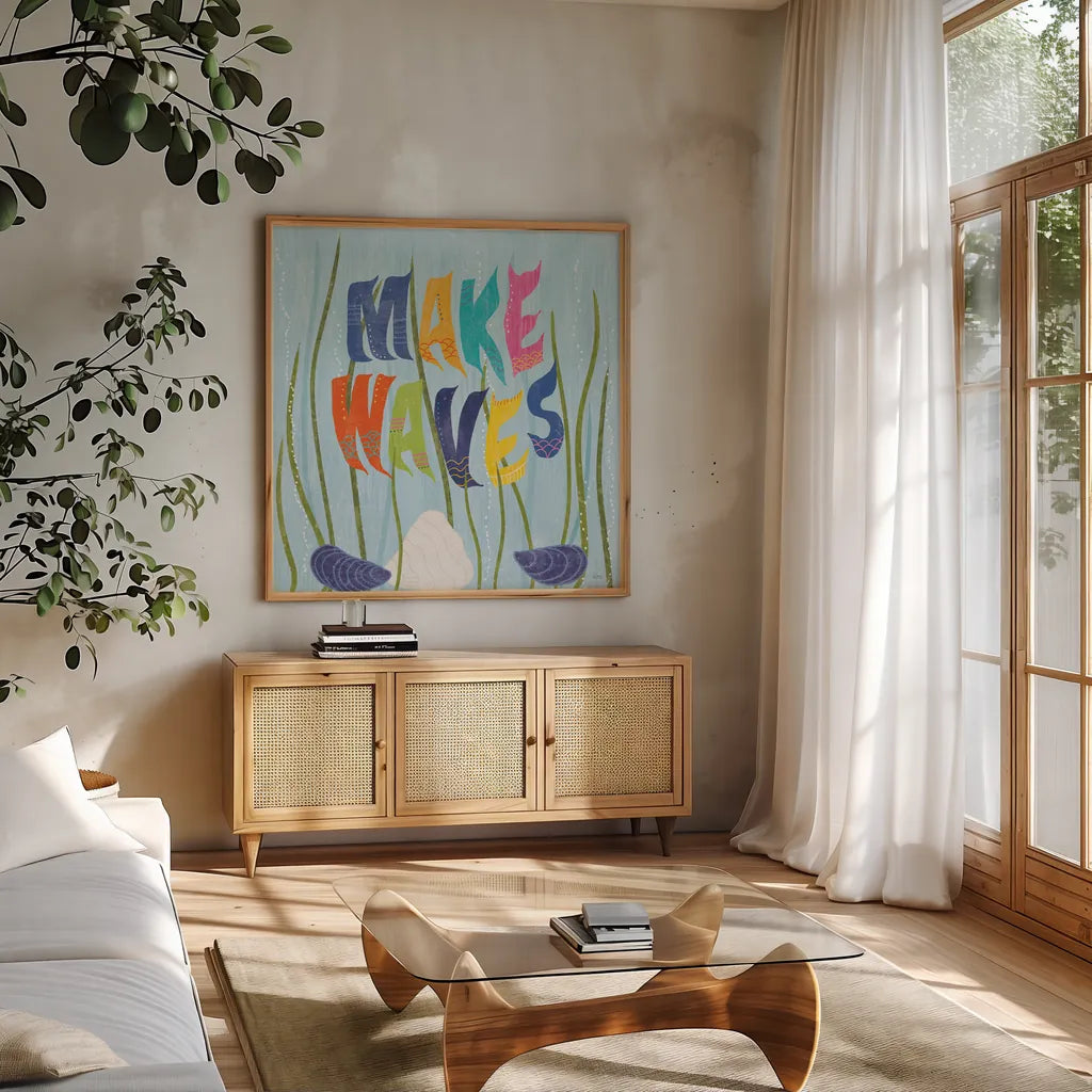 Coastal Vibes V by Veronique Charron. Shown in a natural wood frame in a cozy modern living room. Available as an archival giclee rolled canvas, fine art paper, or poster print. SKU 79119a.