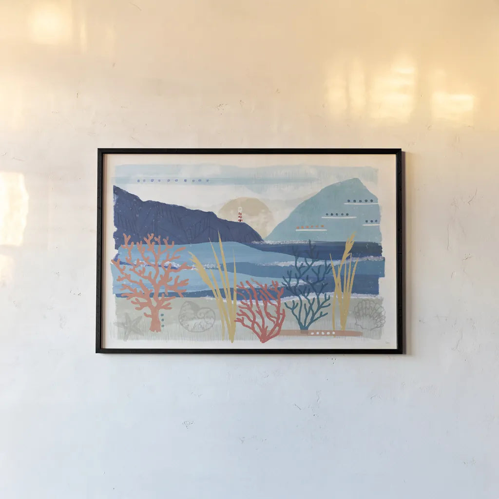 Coastal View I by Veronique Charron. shown as a paper print in a black flame. Available as a archival giclee rolled canvas, fine art paper, or poster print. SKU 64976i.