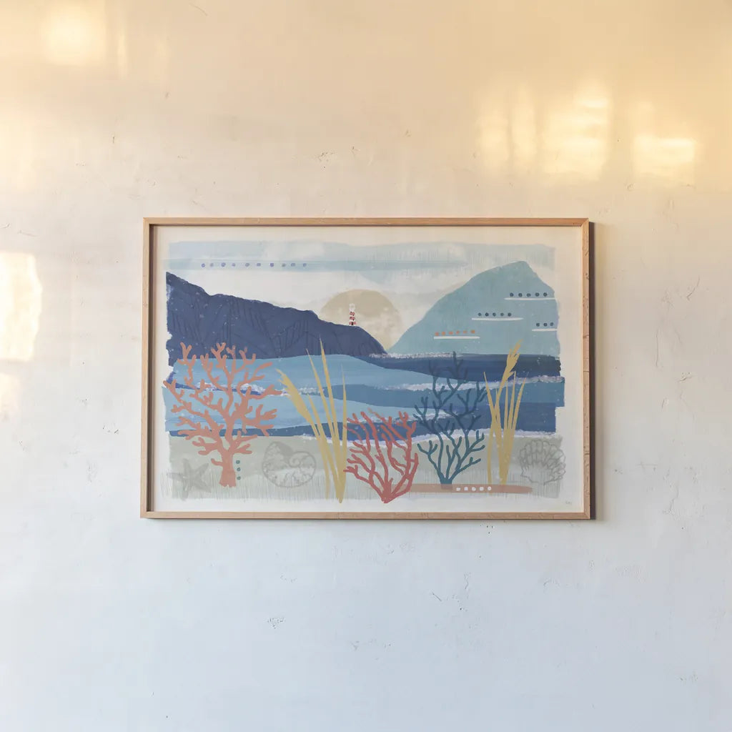 Coastal View I by Veronique Charron. shown as a paper print in a natural frame. Available as a archival giclee rolled canvas, fine art paper, or poster print. SKU 64976i.