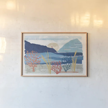 Coastal View I by Veronique Charron. shown as a paper print in a natural frame. Available as a archival giclee rolled canvas, fine art paper, or poster print. SKU 64976i.