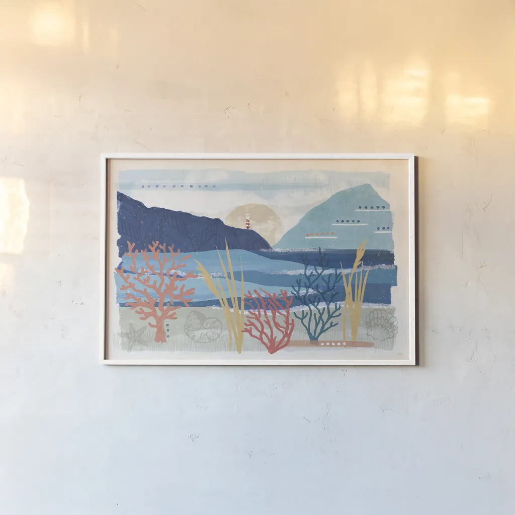 Coastal View I by Veronique Charron. shown as a paper print in a white frame. Available as a archival giclee rolled canvas, fine art paper, or poster print. SKU 64976i.