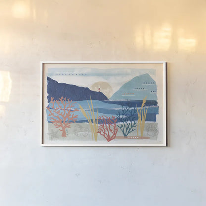 Coastal View I by Veronique Charron. shown as a paper print in a white frame. Available as a archival giclee rolled canvas, fine art paper, or poster print. SKU 64976i.