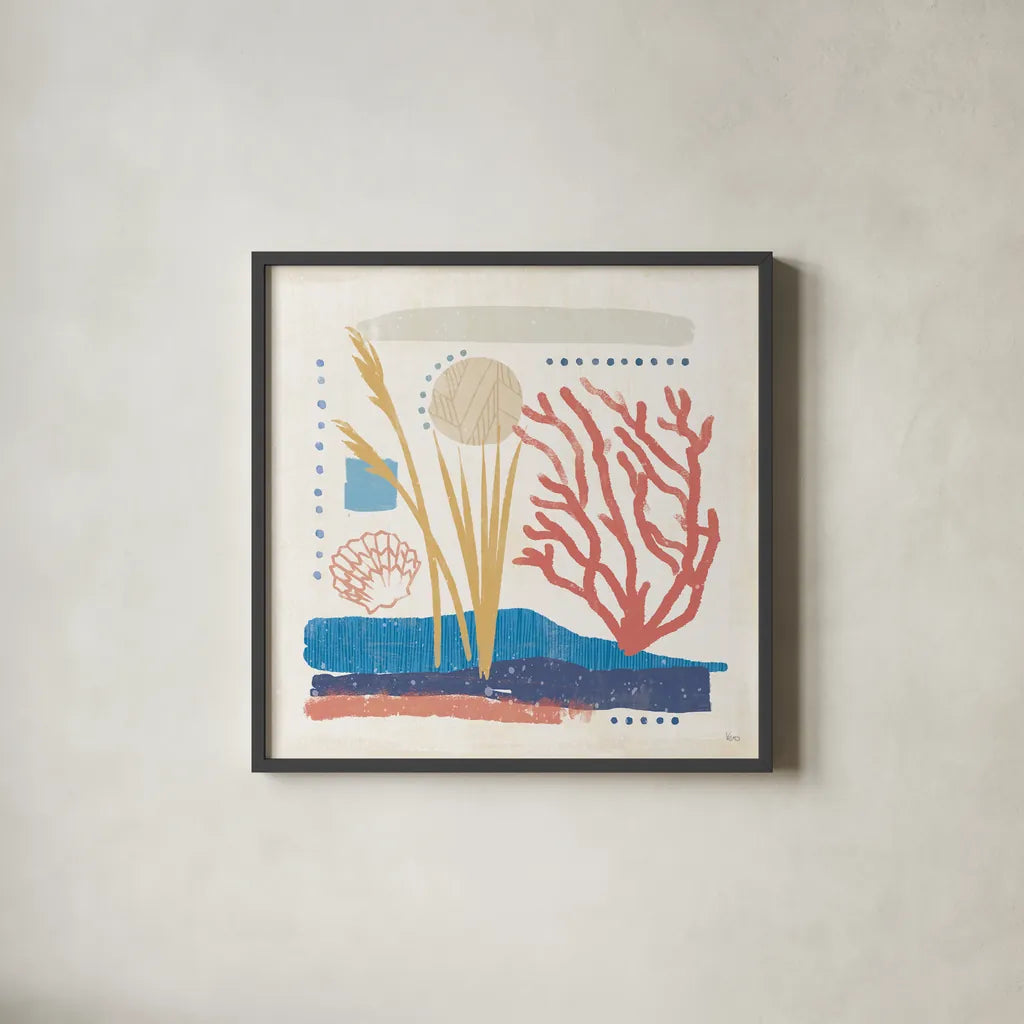 Coastal View III by Veronique Charron. Shown in a sleek black glass frame for a contemporary gallery look. Available as an archival giclee rolled canvas, fine art paper, or poster print. SKU 64978a.