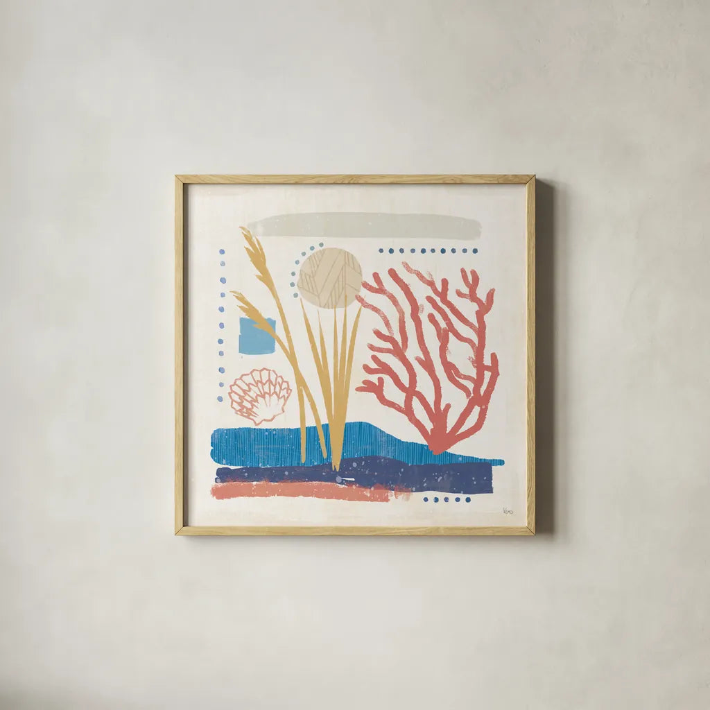 Coastal View III by Veronique Charron. Shown in a natural wood glass frame for a timeless modern aesthetic. Available as an archival giclee rolled canvas, fine art paper, or poster print. SKU 64978a.