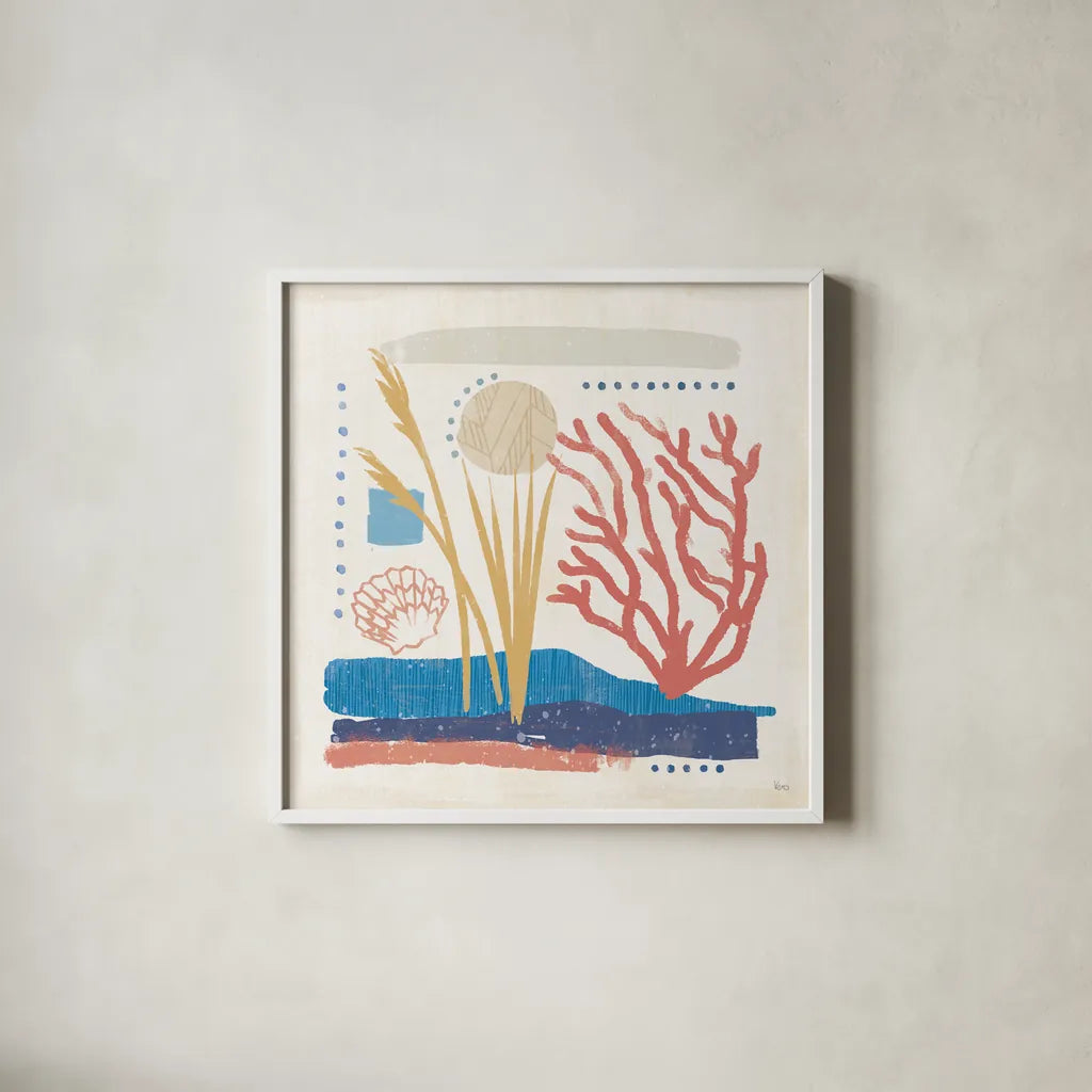Coastal View III by Veronique Charron. Shown in a crisp white glass frame for a clean and minimalist style. Available as an archival giclee rolled canvas, fine art paper, or poster print. SKU 64978a.