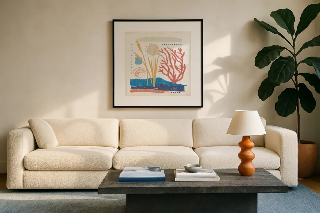 Coastal View III by Veronique Charron. Displayed in a glass frame with matte in a clean modern living room. Available as an archival giclee rolled canvas, fine art paper, or poster print. SKU 64978a.