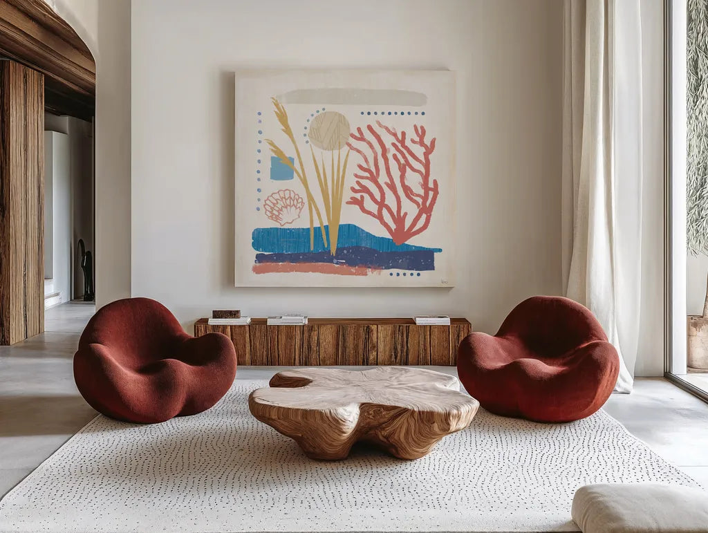Coastal View III by Veronique Charron. Shown as extra-large giant wall art in a modern living room. Available as an archival giclee rolled canvas, fine art paper, or poster print. SKU 64978a.