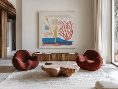 Coastal View III by Veronique Charron. Shown as extra-large giant wall art in a modern living room. Available as an archival giclee rolled canvas, fine art paper, or poster print. SKU 64978a.