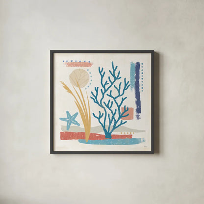 Coastal View IV by Veronique Charron. Shown in a sleek black glass frame for a contemporary gallery look. Available as an archival giclee rolled canvas, fine art paper, or poster print. SKU 64979a.