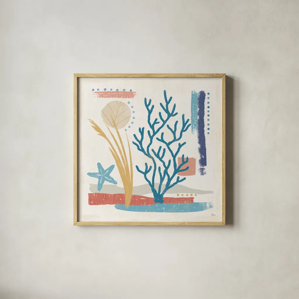 Coastal View IV by Veronique Charron. Shown in a natural wood glass frame for a timeless modern aesthetic. Available as an archival giclee rolled canvas, fine art paper, or poster print. SKU 64979a.