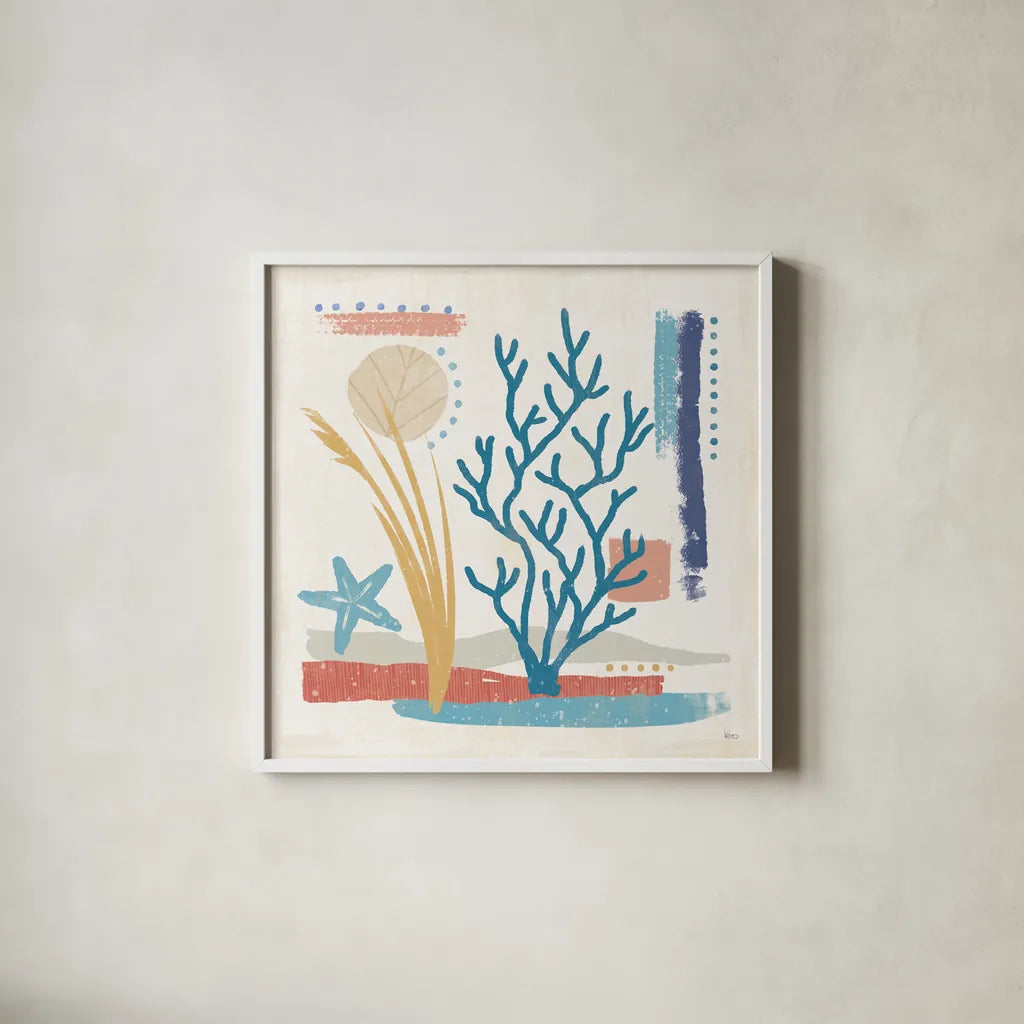 Coastal View IV by Veronique Charron. Shown in a crisp white glass frame for a clean and minimalist style. Available as an archival giclee rolled canvas, fine art paper, or poster print. SKU 64979a.