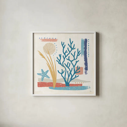 Coastal View IV by Veronique Charron. Shown in a crisp white glass frame for a clean and minimalist style. Available as an archival giclee rolled canvas, fine art paper, or poster print. SKU 64979a.