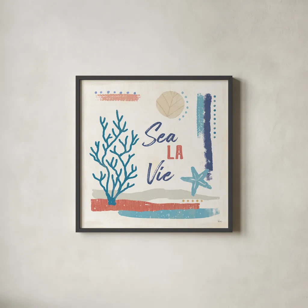 Coastal View VI by Veronique Charron. Shown in a sleek black glass frame for a contemporary gallery look. Available as an archival giclee rolled canvas, fine art paper, or poster print. SKU 64981a.