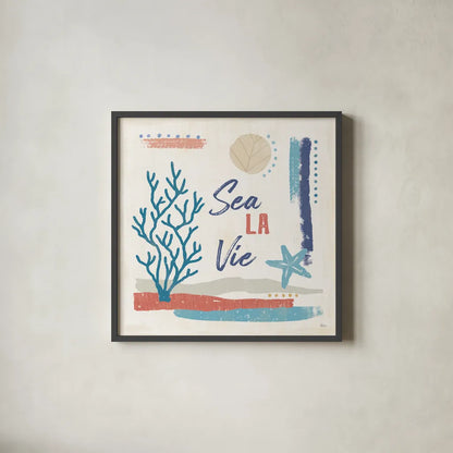 Coastal View VI by Veronique Charron. Shown in a sleek black glass frame for a contemporary gallery look. Available as an archival giclee rolled canvas, fine art paper, or poster print. SKU 64981a.