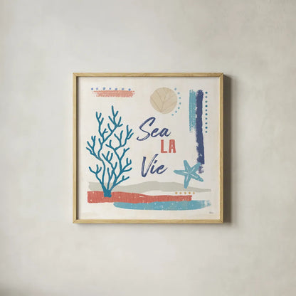 Coastal View VI by Veronique Charron. Shown in a natural wood glass frame for a timeless modern aesthetic. Available as an archival giclee rolled canvas, fine art paper, or poster print. SKU 64981a.