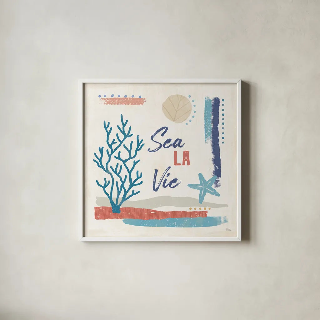 Coastal View VI by Veronique Charron. Shown in a crisp white glass frame for a clean and minimalist style. Available as an archival giclee rolled canvas, fine art paper, or poster print. SKU 64981a.