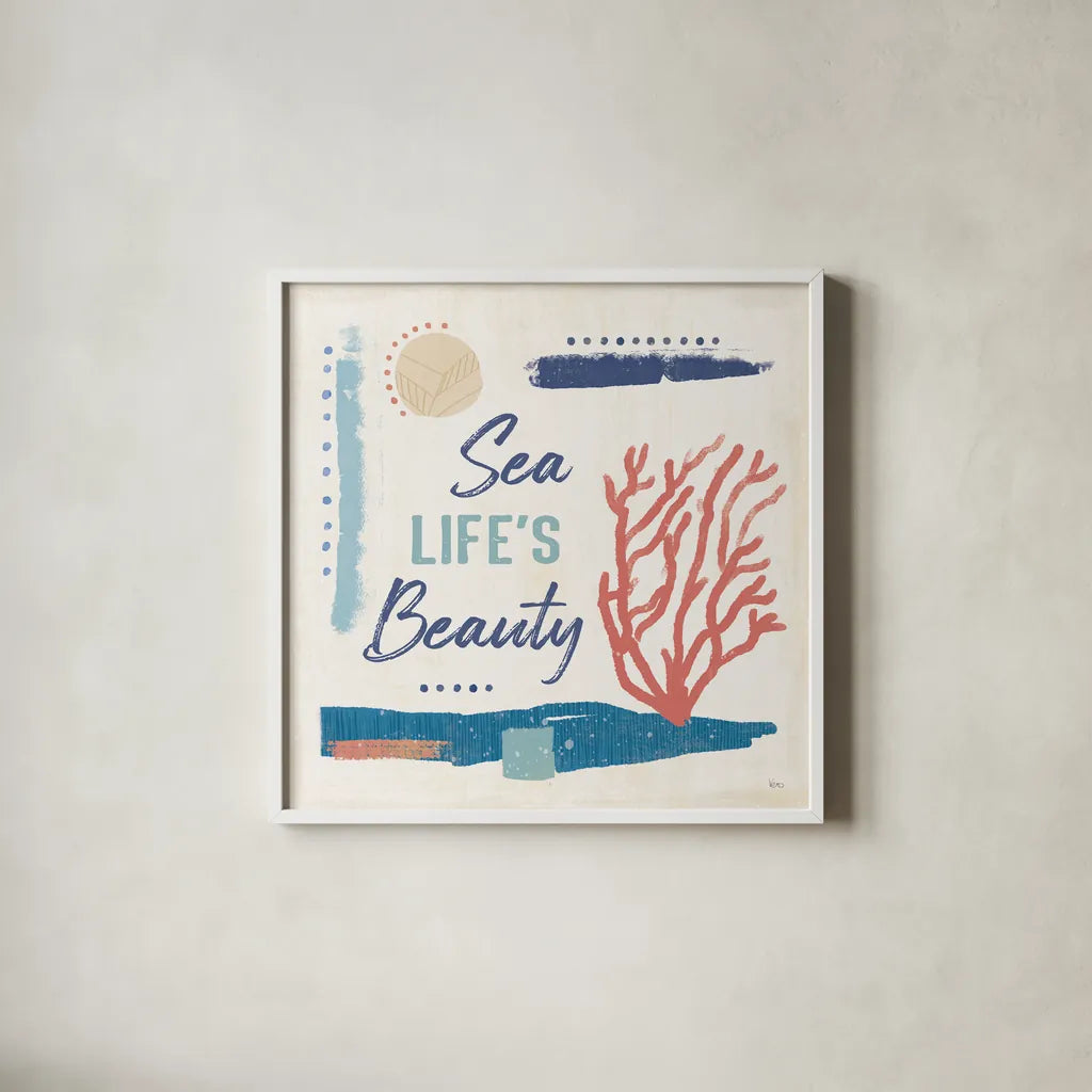 Coastal View VII by Veronique Charron. Shown in a crisp white glass frame for a clean and minimalist style. Available as an archival giclee rolled canvas, fine art paper, or poster print. SKU 64982a.