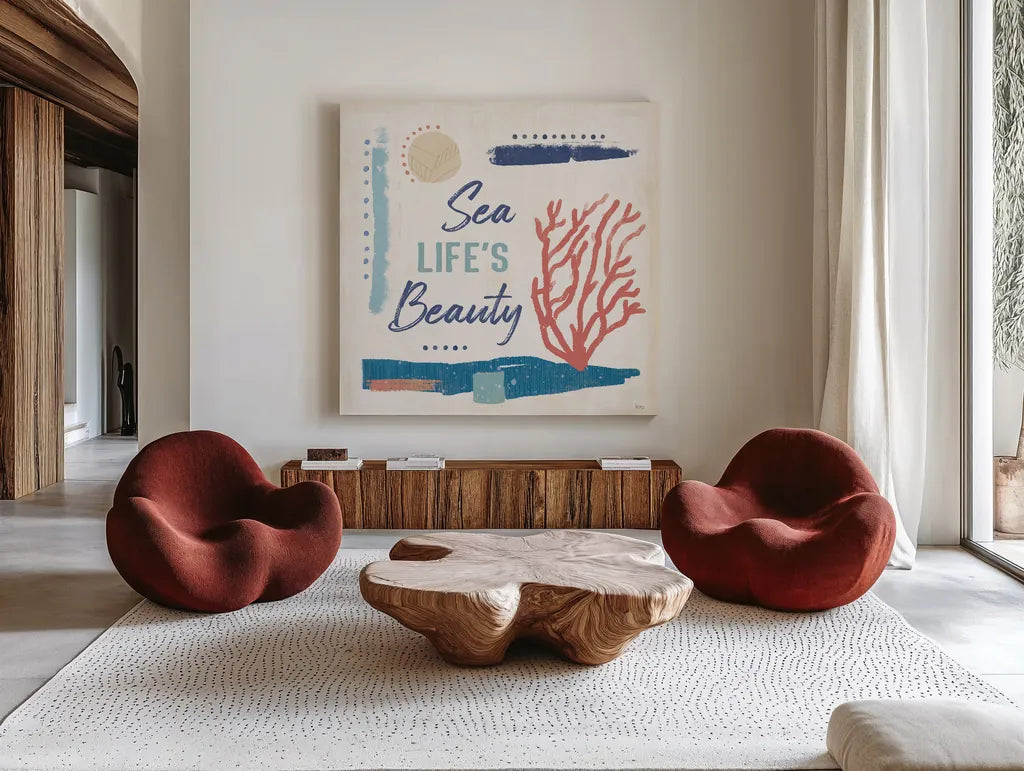 Coastal View VII by Veronique Charron. Shown as extra-large giant wall art in a modern living room. Available as an archival giclee rolled canvas, fine art paper, or poster print. SKU 64982a.
