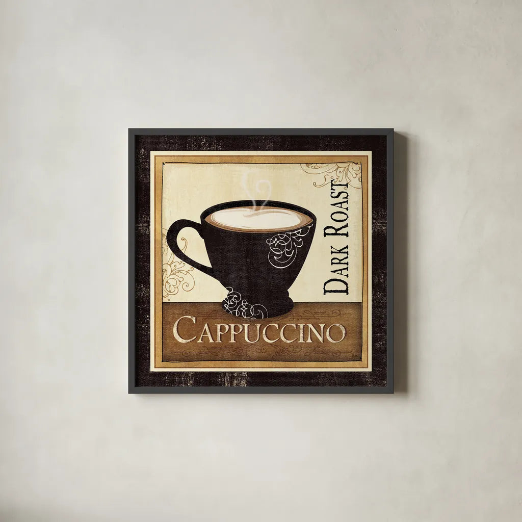 Coffee and Cream  II by Veronique Charron. Shown in a sleek black glass frame for a contemporary gallery look. Available as an archival giclee rolled canvas, fine art paper, or poster print. SKU 2732a.