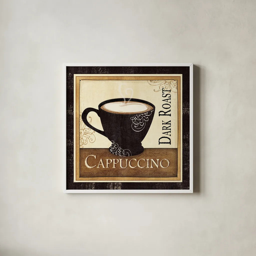 Coffee and Cream  II by Veronique Charron. Shown in a crisp white glass frame for a clean and minimalist style. Available as an archival giclee rolled canvas, fine art paper, or poster print. SKU 2732a.