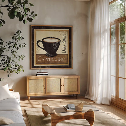 Coffee and Cream  II by Veronique Charron. Shown in a natural wood frame in a cozy modern living room. Available as an archival giclee rolled canvas, fine art paper, or poster print. SKU 2732a.