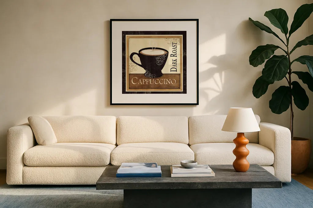 Coffee and Cream  II by Veronique Charron. Displayed in a glass frame with matte in a clean modern living room. Available as an archival giclee rolled canvas, fine art paper, or poster print. SKU 2732a.
