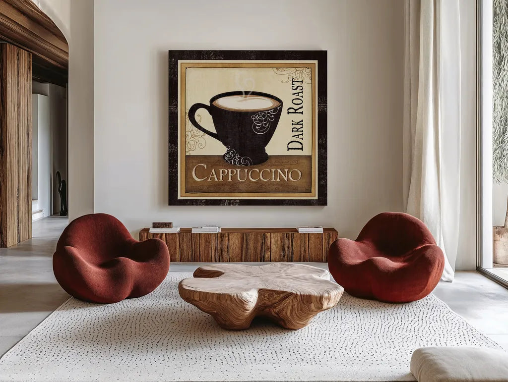 Coffee and Cream  II by Veronique Charron. Shown as extra-large giant wall art in a modern living room. Available as an archival giclee rolled canvas, fine art paper, or poster print. SKU 2732a.