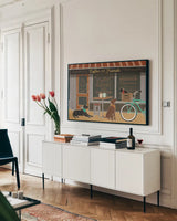 Coffee and Friends I by Veronique Charron. shown as a framed stretched canvas in a living room above a console. Available as a archival giclee rolled canvas, fine art paper, or poster print. SKU 27068i.