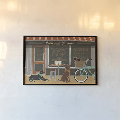 Coffee and Friends I by Veronique Charron. shown as a paper print in a black flame. Available as a archival giclee rolled canvas, fine art paper, or poster print. SKU 27068i.