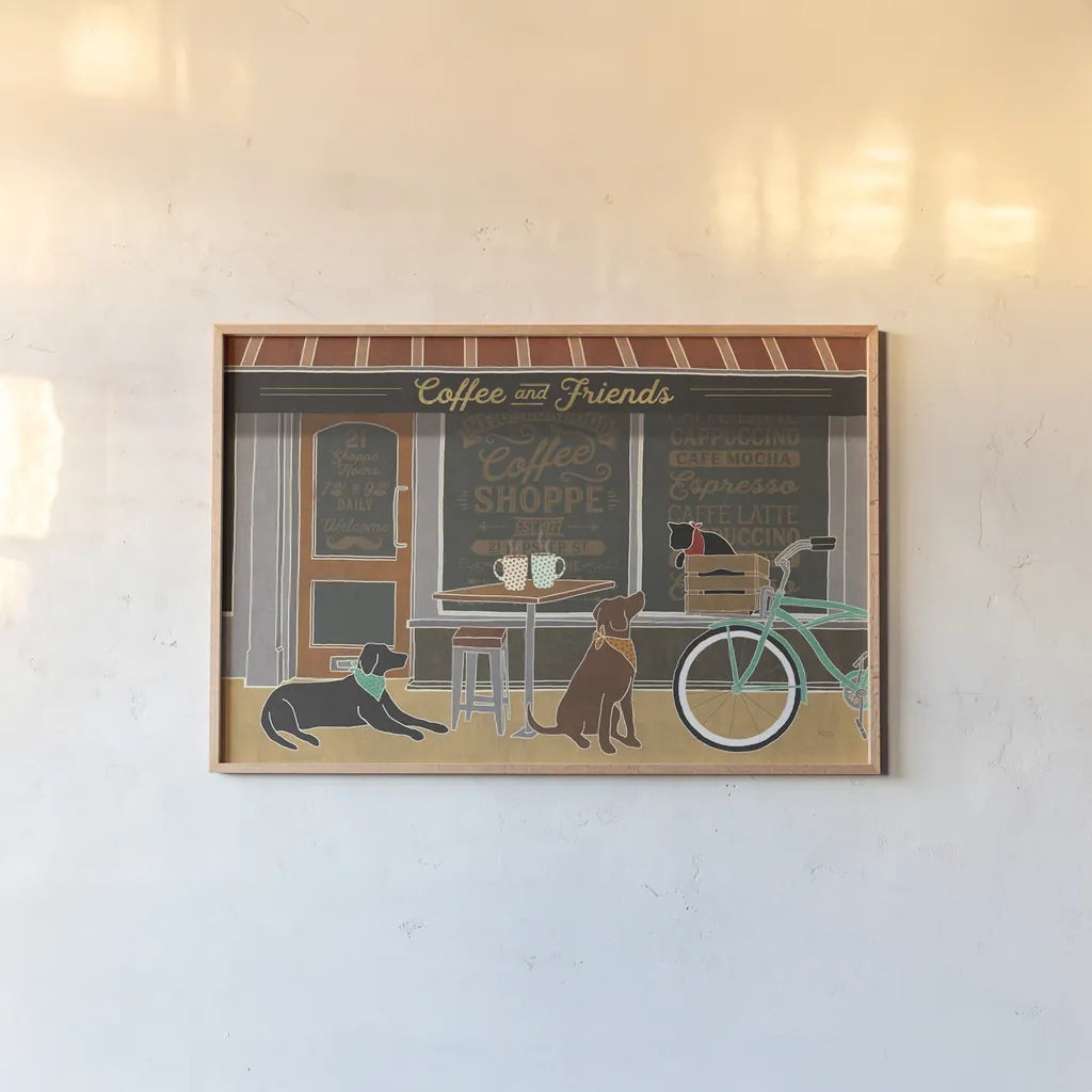 Coffee and Friends I by Veronique Charron. shown as a paper print in a natural frame. Available as a archival giclee rolled canvas, fine art paper, or poster print. SKU 27068i.