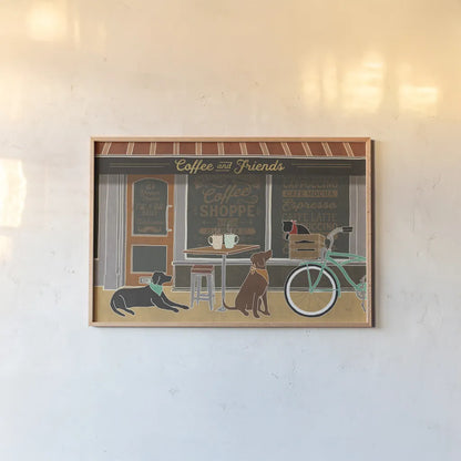 Coffee and Friends I by Veronique Charron. shown as a paper print in a natural frame. Available as a archival giclee rolled canvas, fine art paper, or poster print. SKU 27068i.