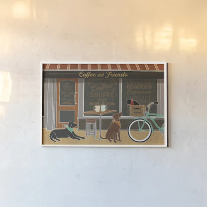 Coffee and Friends I by Veronique Charron. shown as a paper print in a white frame. Available as a archival giclee rolled canvas, fine art paper, or poster print. SKU 27068i.