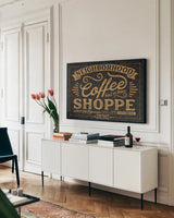 Coffee and Friends IV by Veronique Charron. shown as a framed stretched canvas in a living room above a console. Available as a archival giclee rolled canvas, fine art paper, or poster print. SKU 27071i.