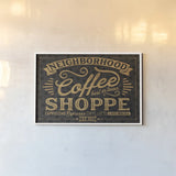 Coffee and Friends IV by Veronique Charron. shown as a paper print in a white frame. Available as a archival giclee rolled canvas, fine art paper, or poster print. SKU 27071i.