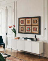 Coffee and Friends IX by Veronique Charron. shown as a framed stretched canvas in a living room above a console. Available as a archival giclee rolled canvas, fine art paper, or poster print. SKU 27076i.
