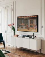 Coffee and Friends X by Veronique Charron. shown as a framed stretched canvas in a living room above a console. Available as a archival giclee rolled canvas, fine art paper, or poster print. SKU 85676i.
