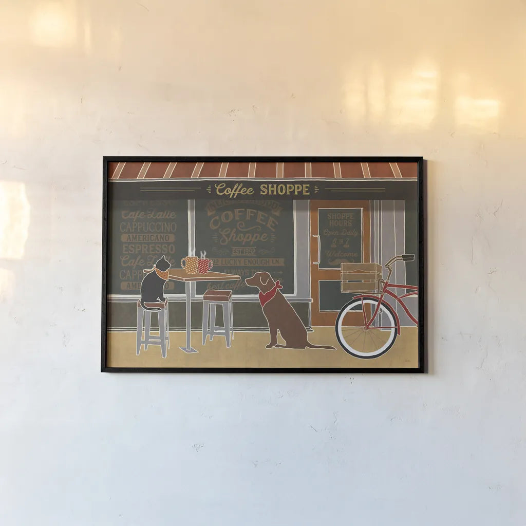 Coffee and Friends X by Veronique Charron. shown as a paper print in a black flame. Available as a archival giclee rolled canvas, fine art paper, or poster print. SKU 85676i.