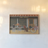 Coffee and Friends X by Veronique Charron. shown as a paper print in a natural frame. Available as a archival giclee rolled canvas, fine art paper, or poster print. SKU 85676i.
