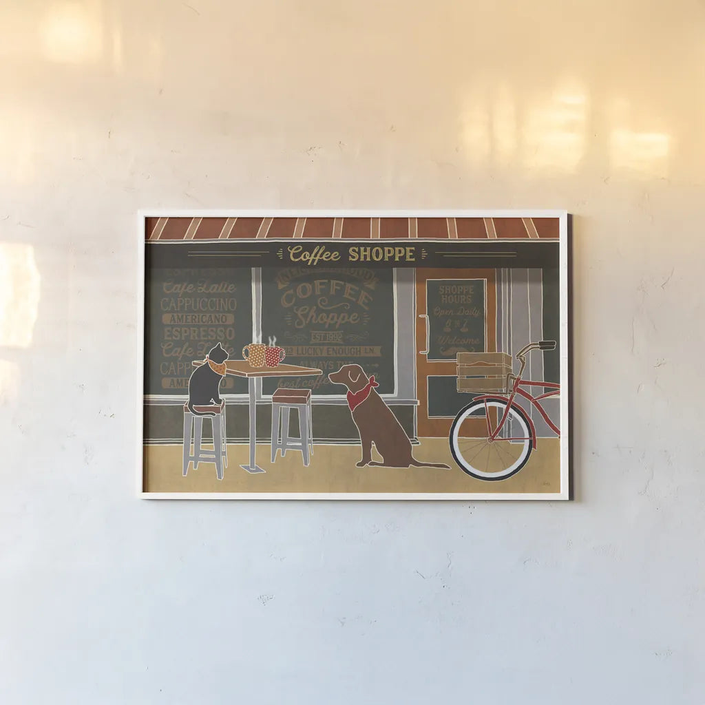 Coffee and Friends X by Veronique Charron. shown as a paper print in a white frame. Available as a archival giclee rolled canvas, fine art paper, or poster print. SKU 85676i.