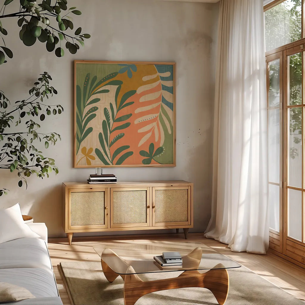 Cool Cacti III by Veronique Charron. Shown in a natural wood frame in a cozy modern living room. Available as an archival giclee rolled canvas, fine art paper, or poster print. SKU 87680a.