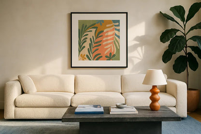 Cool Cacti III by Veronique Charron. Displayed in a glass frame with matte in a clean modern living room. Available as an archival giclee rolled canvas, fine art paper, or poster print. SKU 87680a.
