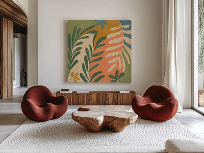 Cool Cacti III by Veronique Charron. Shown as extra-large giant wall art in a modern living room. Available as an archival giclee rolled canvas, fine art paper, or poster print. SKU 87680a.