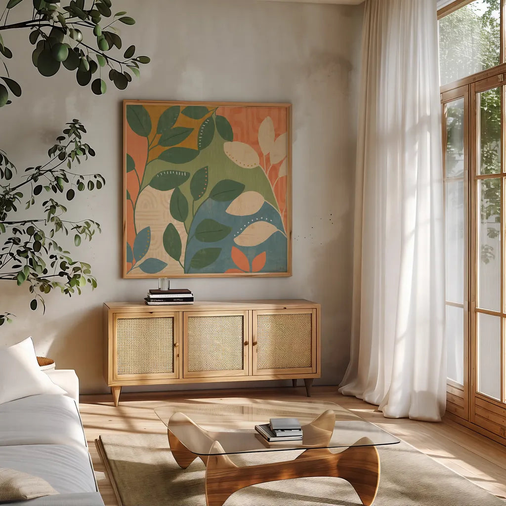 Cool Cacti IV by Veronique Charron. Shown in a natural wood frame in a cozy modern living room. Available as an archival giclee rolled canvas, fine art paper, or poster print. SKU 87681a.