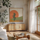 Cool Cacti V by Veronique Charron. Shown in a natural wood frame in a cozy modern living room. Available as an archival giclee rolled canvas, fine art paper, or poster print. SKU 87682a.