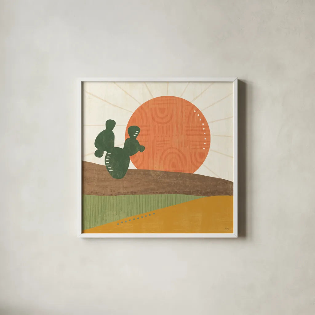 Cool Cacti VI by Veronique Charron. Shown in a crisp white glass frame for a clean and minimalist style. Available as an archival giclee rolled canvas, fine art paper, or poster print. SKU 87683a.