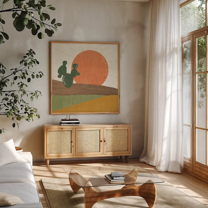 Cool Cacti VI by Veronique Charron. Shown in a natural wood frame in a cozy modern living room. Available as an archival giclee rolled canvas, fine art paper, or poster print. SKU 87683a.